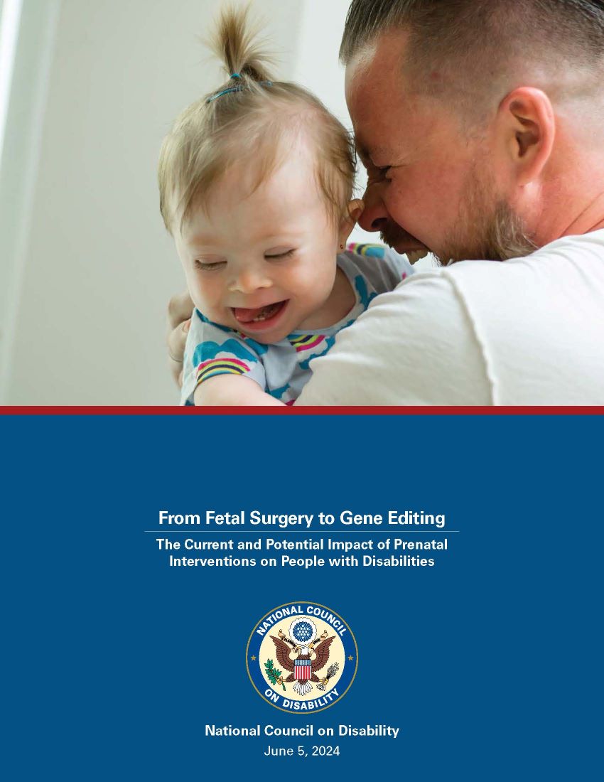 Baby with Down syndrome with father smiling. NCD seal and report title